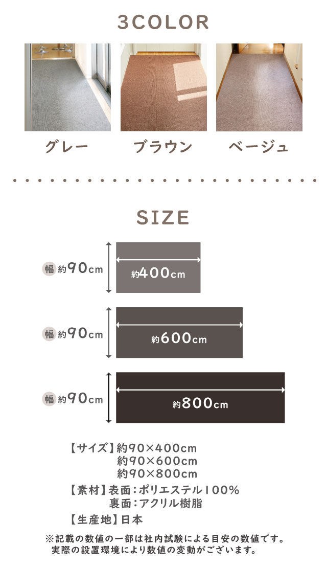 3COLOR・グレー・ブラウン・グレー・サイズ・約90×400cm、約90×600cm、約90×800cm、厚さ4mm、日本製