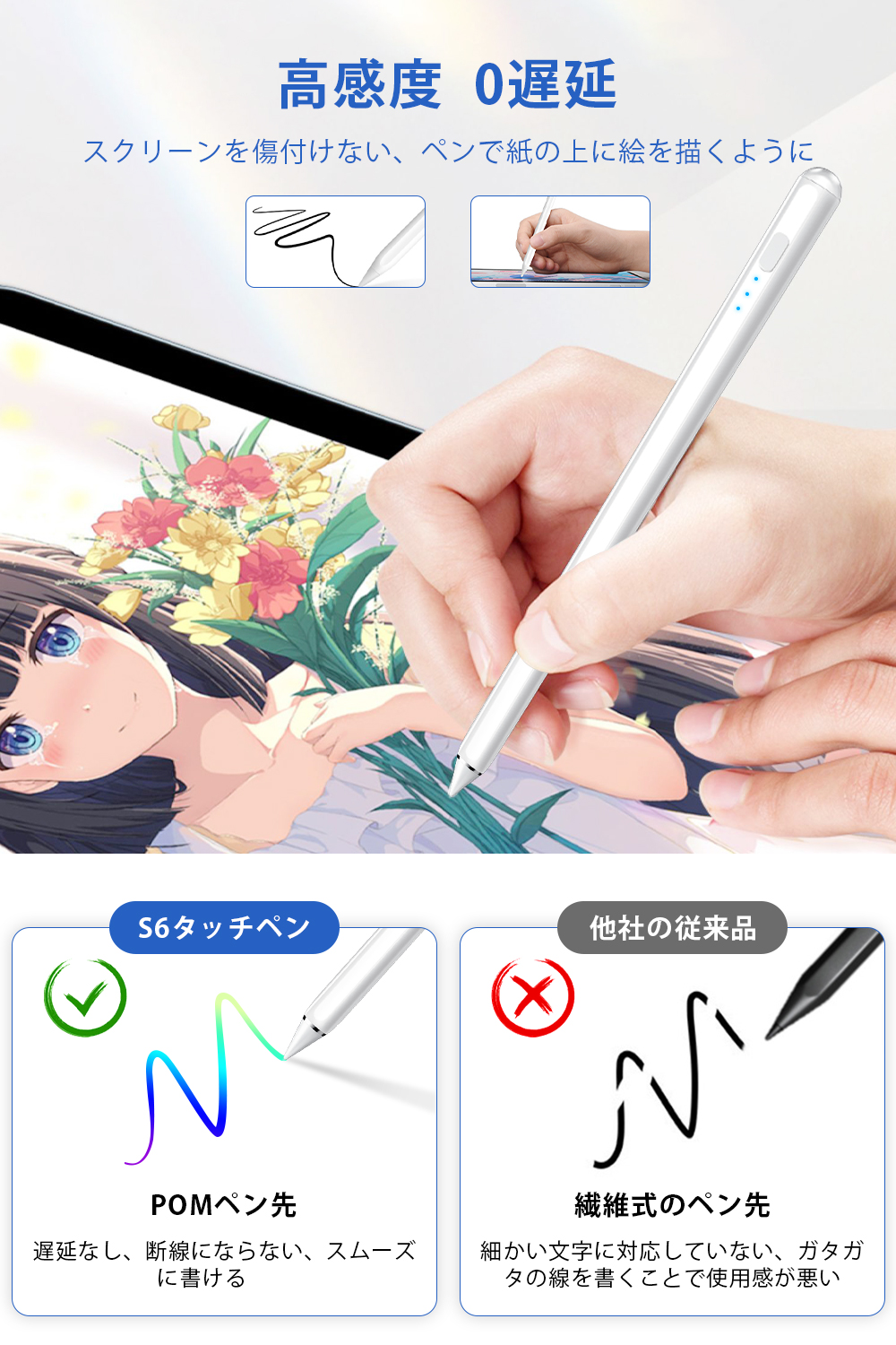 超高感度スタイラスペンiPad ペン♡iPad 傾き感知♡ タッチペン ipad対応 1mm極細 超高感度 スタイラスペン クリア
