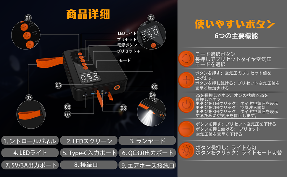 ジャンプスターター エアコンプレッサー搭載 3000Aピーク電流