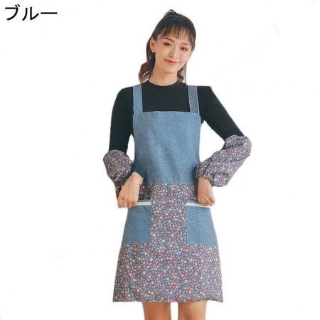 レースが可愛い！メイド風 エプロン 2点セット 花柄 ワンピース風 カフェエプロン ポケット付き ナチュラル 保育士 業務用 サービス スタッフ カフェエプロン｜t-8-store｜02