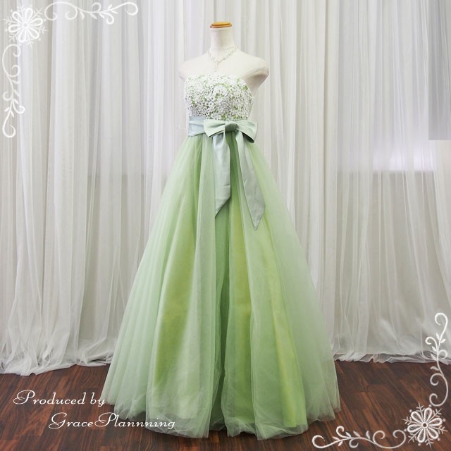 カラードレス ウエディングドレス 結婚式 パーティドレス ピンク 青 緑 ロングドレス エンパイア サッシュリボン付き