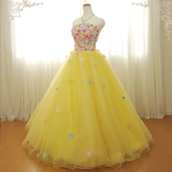 再販 ウェディングドレス 小花いっぱいのカラードレス 水色 黄色 紫 ピンク 5号7号9号11号13号 結婚式 演奏会ロングドレス cd3366