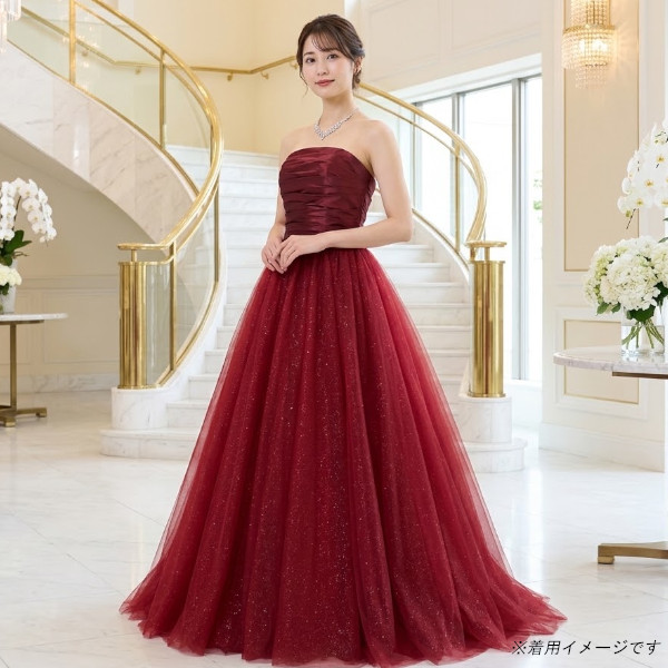 カラードレス 赤 ワインレッド 演奏会ドレス リボン 付け袖付き 結婚式