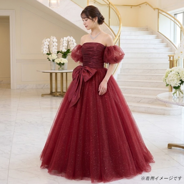 カラードレス 赤 ワインレッド 演奏会ドレス リボン 付け袖付き 結婚式