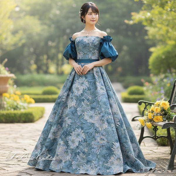 カラードレス ブルー 青 ウエディングドレス 取り外し可能な付け袖 花