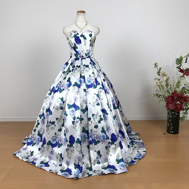 カラードレス 演奏会用ロングドレス ブルー系　花柄 結婚式 発表会 人気 ウェディングドレス 白 ワンピースドレス cd92012