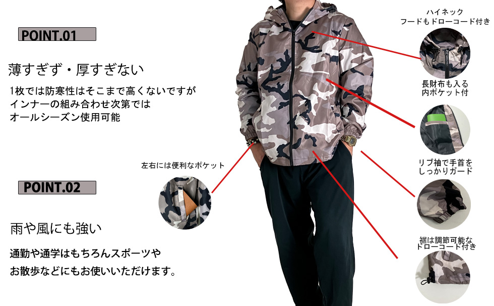 ジャケット メンズ 迷彩柄 軽量 防風 マウンテンパーカー