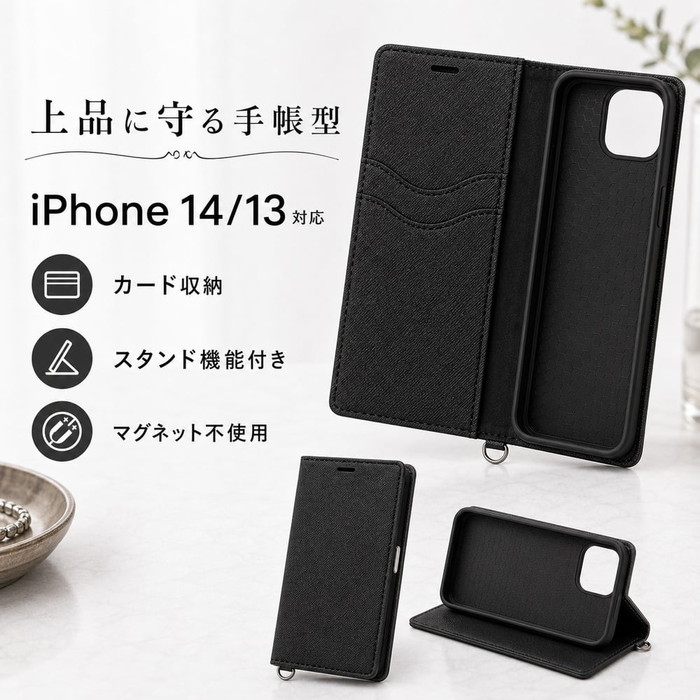 iPhone14 手帳型ケース ブラック 黒 iPhone13 iPhone 14 13 耐衝撃