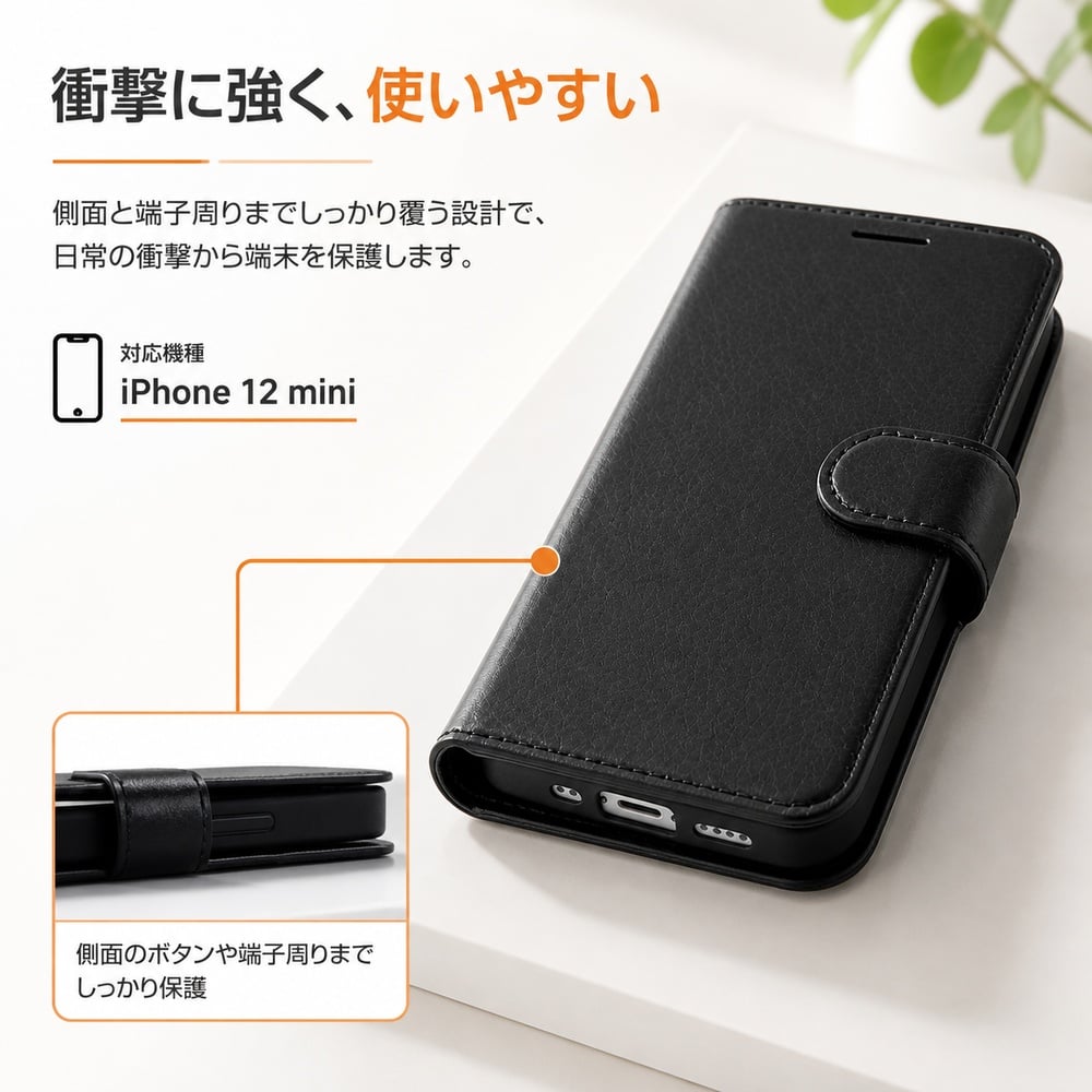 iPhone 12 mini 耐衝撃 手帳型ケース シンプル マグネット/ブラック