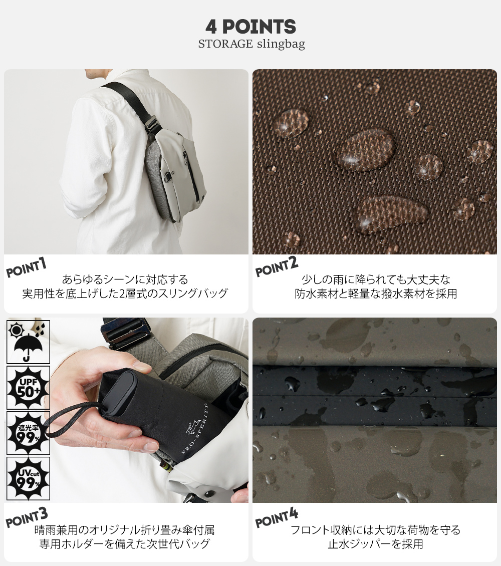 スリングバッグ ボディバッグ ワンショルダー 雨の日 日傘 暑い日 折りたたみ傘 防水 撥水 シンプル かっこいい 男性用 スポーティ プロスペリティ