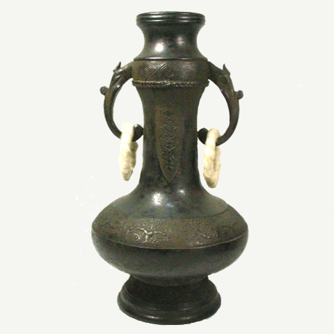 名品茶道具 花入 一ノ瀬宗辰作胡銅 ( こどう ) 下蕪遊鐶耳付 しも