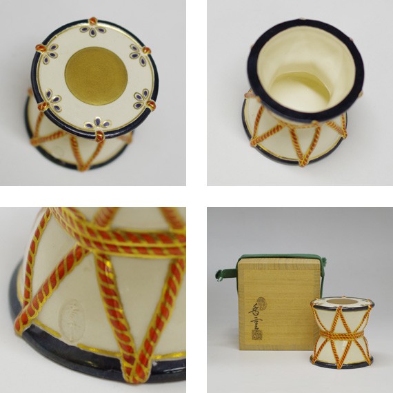 【茶道具】太鼓 蓋置 燦光窯 茶道具 十三世 金谷五良三郎作 鉄杵形蓋置 雲錦象嵌入 共箱 FZOG