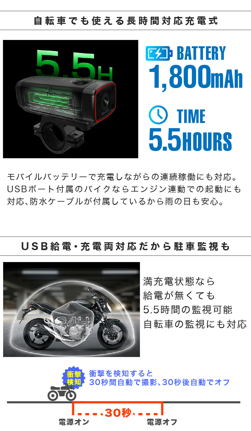 ドライブレコーダー ドラレコ バイク 自転車 小型 2輪 充電式