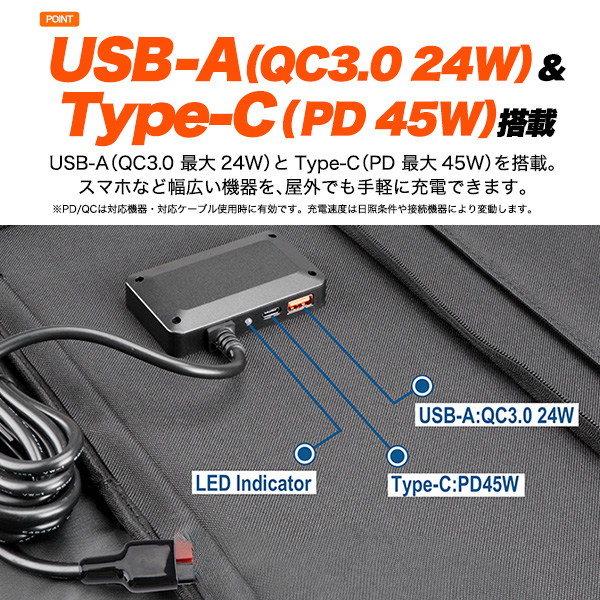 折りたたみ ソーラーパネル 持ち運び 太陽光発電 100W USB-A QC3.0