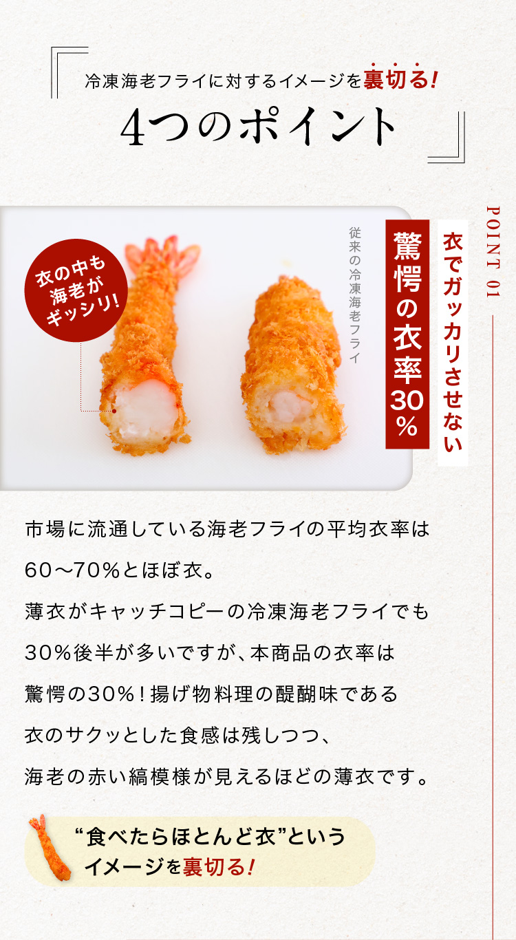 冷凍海老フライに対するイメージを裏切る！4つのポイント　POINT01 衣でがガッカリさせない