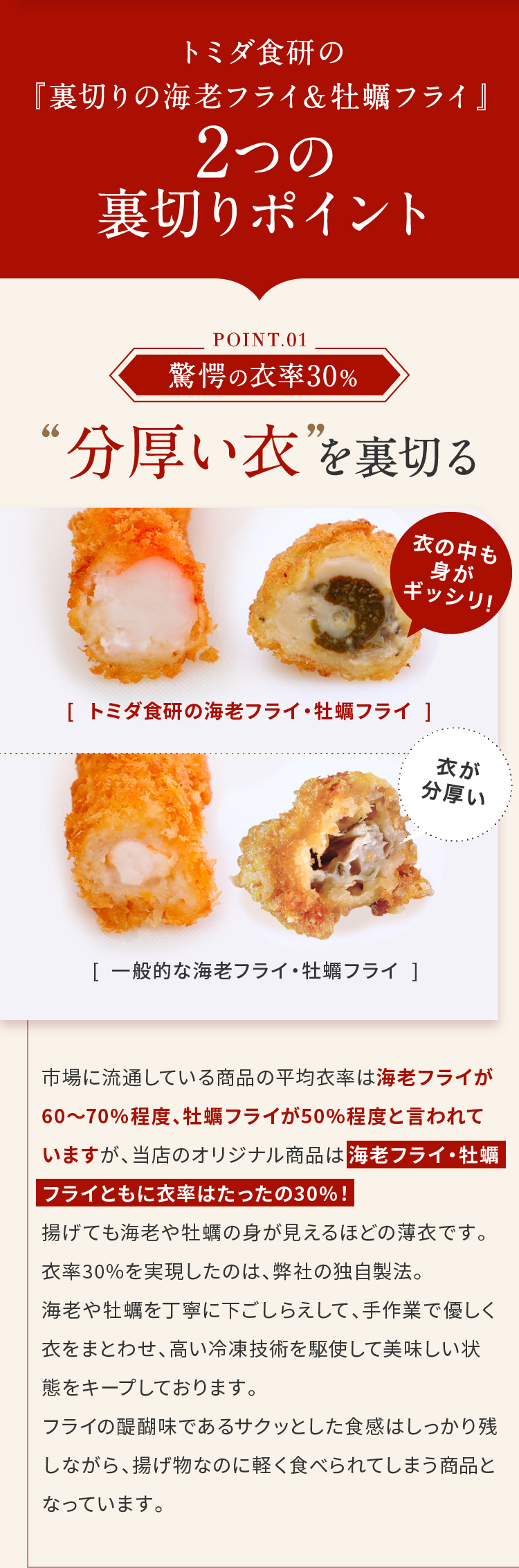 トミダ食研の『裏切りの海老フライ＆牡蠣フライ』2つの裏切りポイント　01“分厚い衣”を裏切る