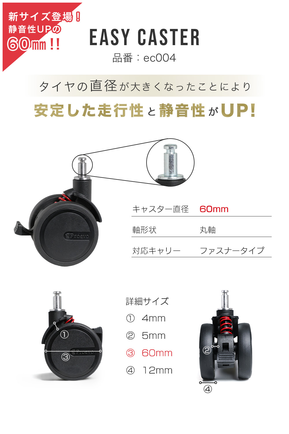 PROEVO 【丸軸】Proevo EASY CASTER 交換用タイヤ 4個セット 55mm 60mm