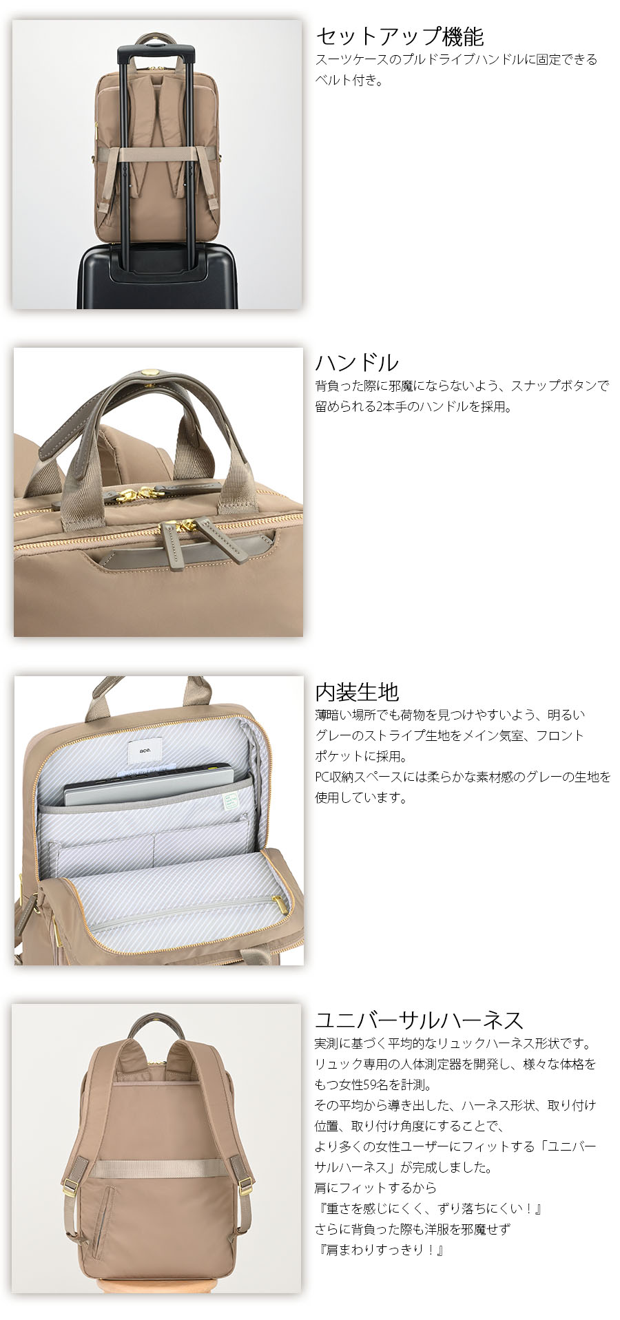 送料無料 正規品 ace. エース フィッテム ビジネスリュック 拡張機能 レディースビジネス A4 14.0インチPC収納 68684 エースジーンレーベルの画像
