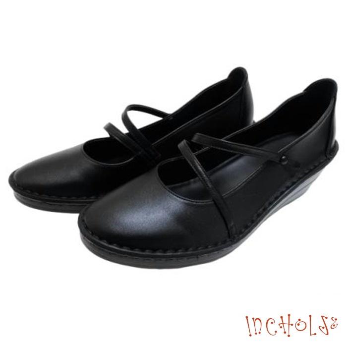 インコルジェ3254 ブラック ウェッジソールななめストラップパンプス 送料無料 INCHOLJE レディースシューズ 短靴 2E 本革 革靴 レザーシューズ BLACK 黒色 幅広｜tabikutsuya