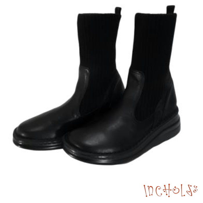 インコルジェ8172 ブラック ヒール高ショートニットブーツ 送料無料 INCHOLJE レディースシューズ ブーツ 幅広ワイズ3E 本革 革靴 レザーシューズ BLACK 黒色 幅