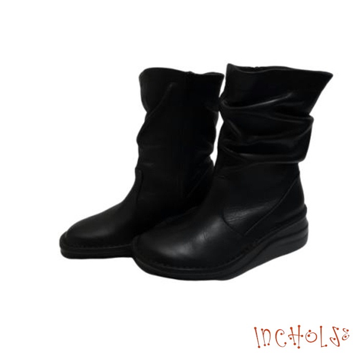 インコルジェ8245 ブラック くしゅくしゅラクチンミドルブーツ 送料無料 INCHOLJE レディースシューズ ブーツ 幅広ワイズ3E 本革 革靴 レザーシューズ BLACK 黒