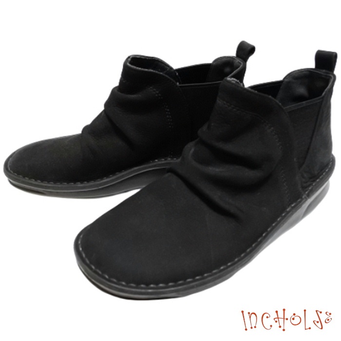 インコルジェ85224 ブラック くしゅくしゅサイドゴアブーツ 送料無料 INCHOLJE レディースシューズ ブーツ 幅広ワイズ3E 本革 革靴 レザーシューズ BLACK 黒色