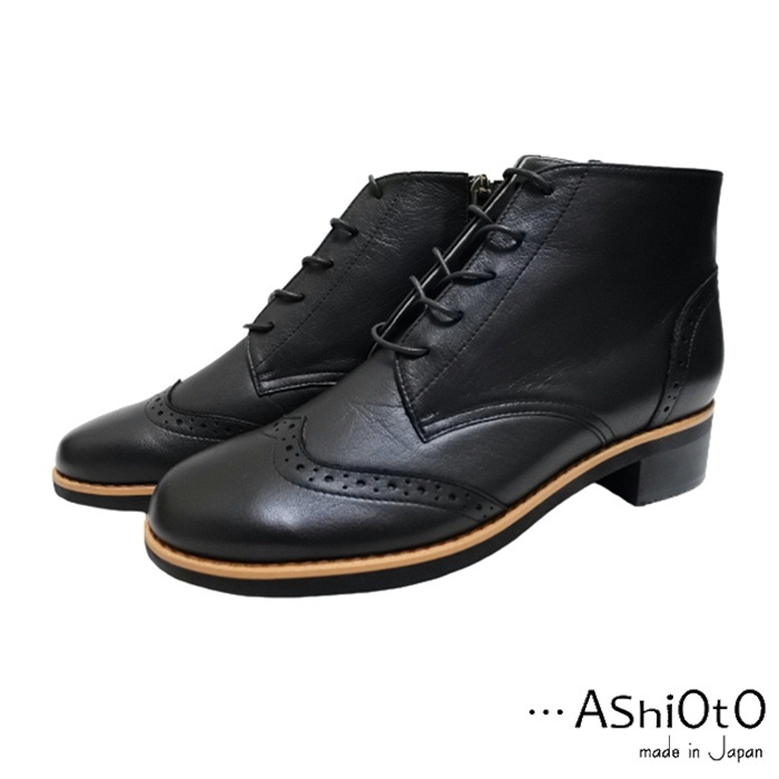 …AShiOtO A91330 ブラック サイドジップメダリオンチャッカーブーツ 送料無料 アシオト レディースシューズ ブーツ 幅広ワイズ3E 本革 革靴 レザーシューズ BLA