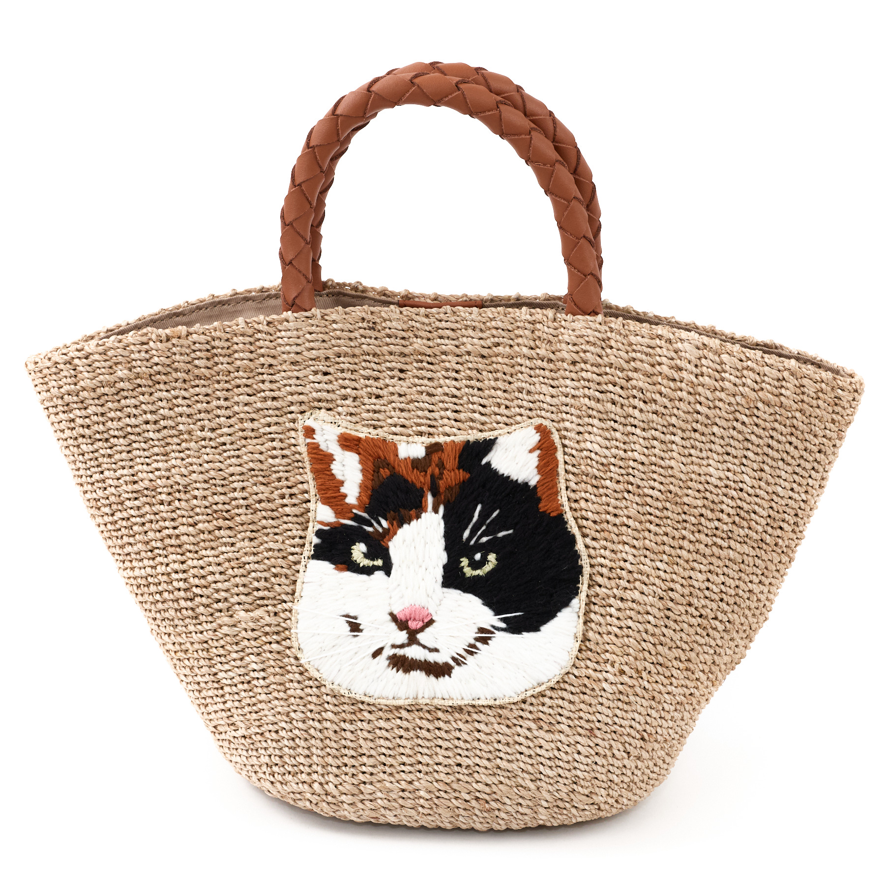 美品 VIOLAD'ORO☆MIROキャット 丸型かごバッグ☆ネコ刺繍☆ VIOLAd'ORO（ヴィオラドーロ） ブランドポーチ付 MIRO ミロ かごバッグ