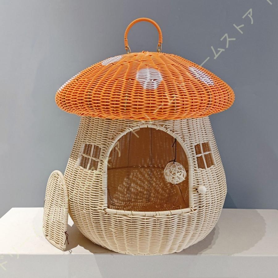 ペットベッド 藤編み ラタン ドーム型 ペットハウス 通気性抜群 夏用 涼しい ござ付き クッション付き 天然素材 猫ちぐら 猫ネスト 手編み 細工品 小型犬 クッション付き