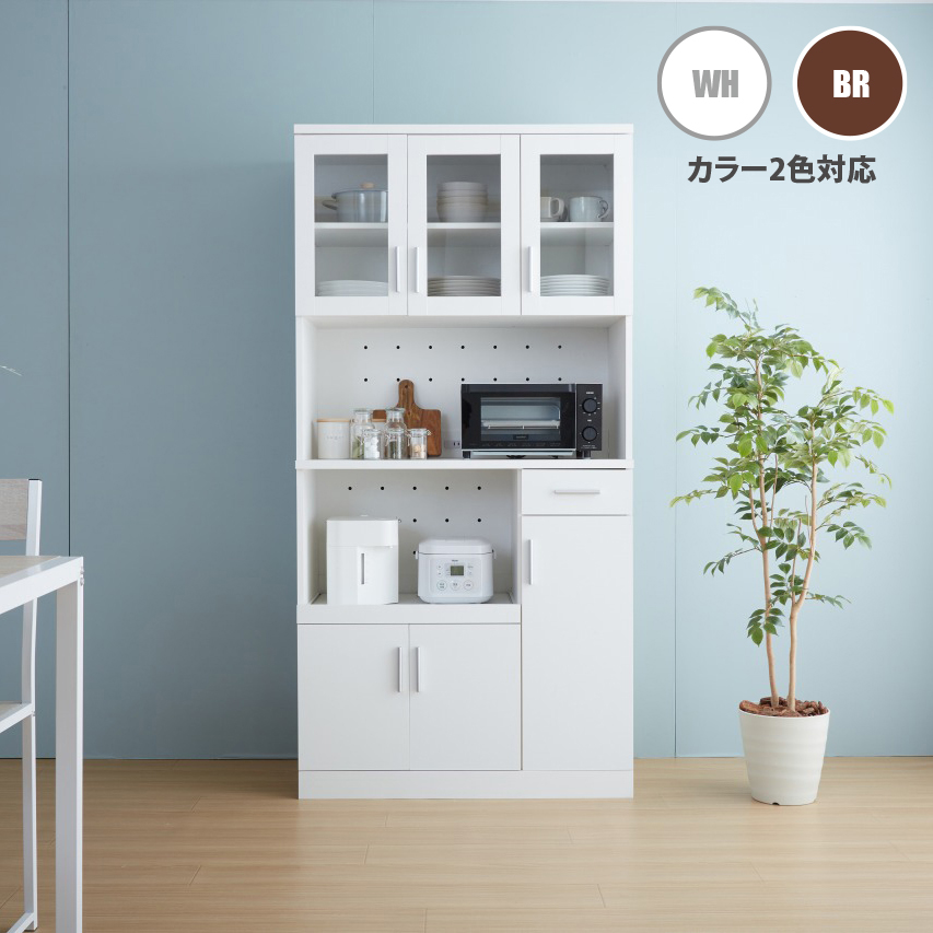 食器棚 幅 90cm キッチンボード ホワイト色 ブラウン色木目 レンジ台 スライドトレー かわいい キッチン収納 カップボード AAM