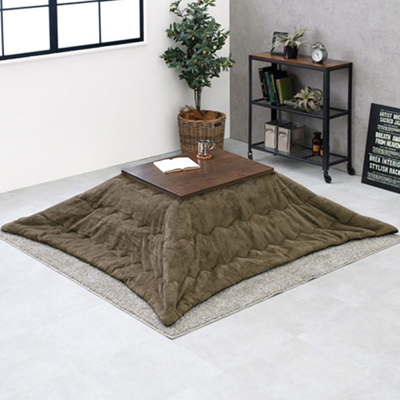 こたつテーブル+こたつ布団 2点 セット 75×60cm カーキ色 保温機能ふとん ダークブラウン色 古木調リアルシート 継脚 アテナ-ピケの画像