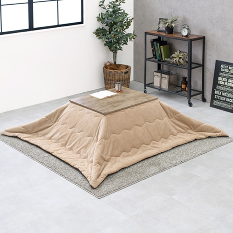 こたつテーブル+こたつ布団 2点 セット 75×60cm ネイビー色 保温機能ふとん ナチュラル色 古木調リアルシート天板 継脚 アテナ-ピケの画像