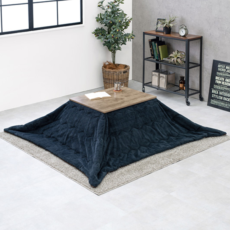 こたつテーブル+こたつ布団 2点 セット 75×60cm ネイビー色 保温機能ふとん ナチュラル色 古木調リアルシート天板 継脚 アテナ-ピケの画像