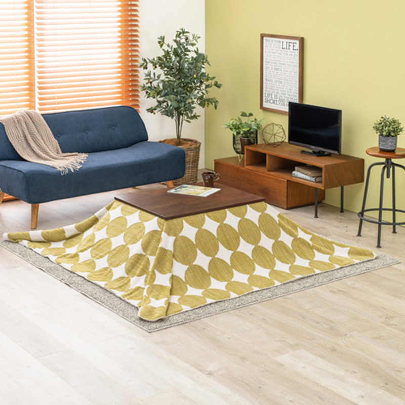 こたつテーブル+こたつ布団 2点セット 75×60cm ネイビー 三角柄 ふとん 保温機能付 ダークブラウン色 古木調天板 継脚 アテナ-スロウの画像