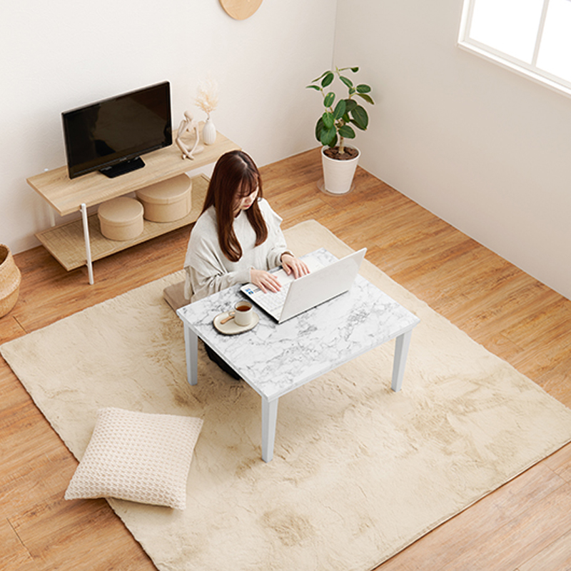 こたつテーブル+こたつ布団 2点 セット 幅75×60cm ネイビー色 大理石柄 ホワイト 耐水 メラミンシート コンパクト アウラ-ピケの画像