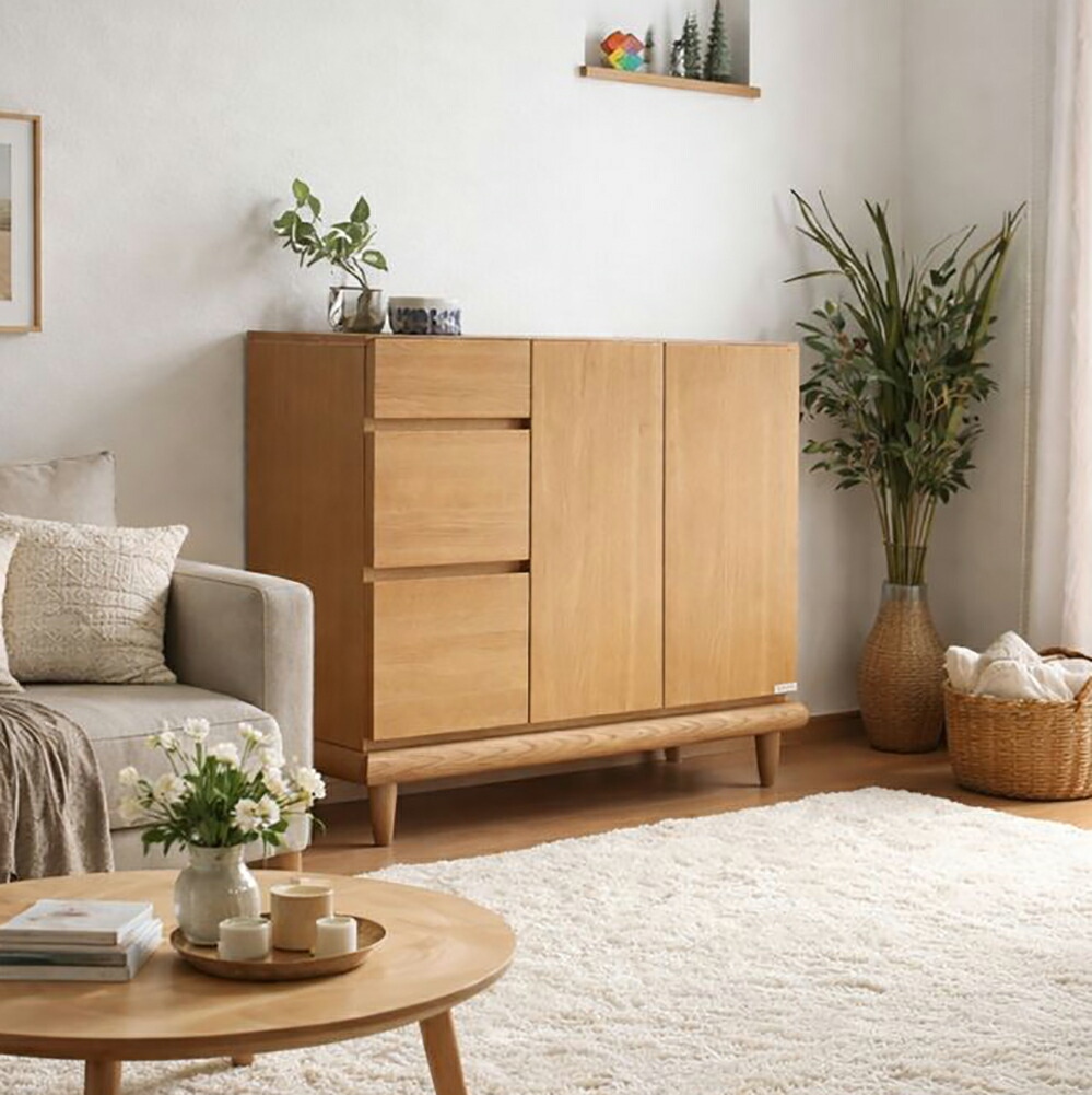 リビングボード 90cm キャビネット チェスト ナチュラル 木目 オーク 硬質シート 国産 日本製 北欧調 完成品 脚取外し BN