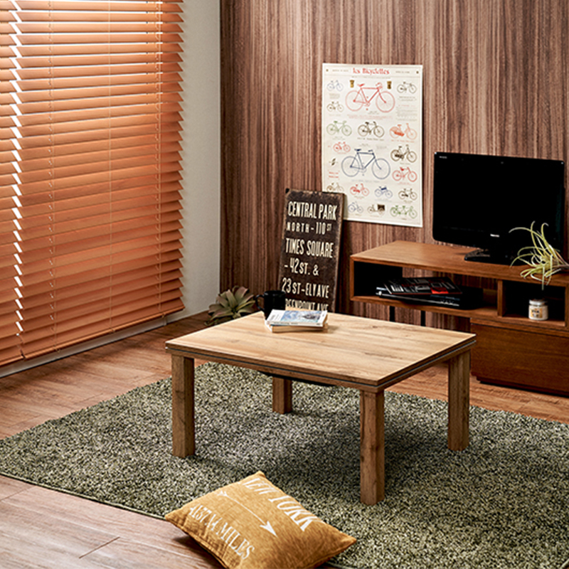 こたつテーブル+こたつ布団 2点セット 75×60cm イエロー色 ふとん 保温機能シート付 無垢材調シート張り ナチュラル天板 カート-ピケの画像