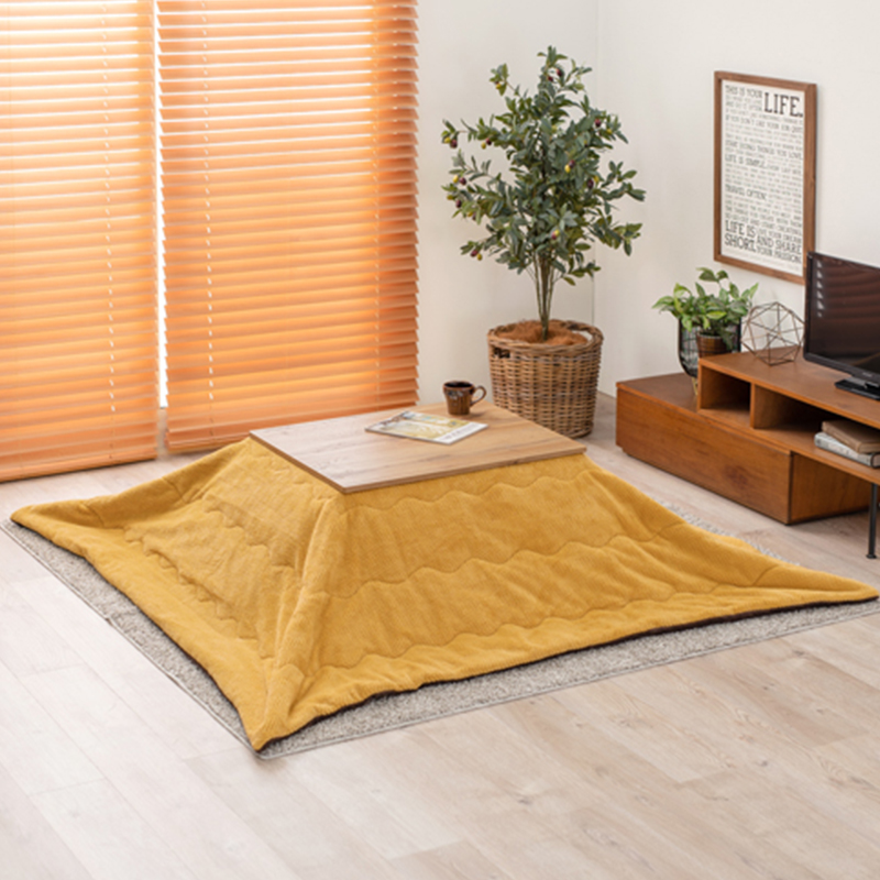 こたつテーブル+こたつ布団 2点セット 75×60cm イエロー色 ふとん 保温機能シート付 無垢材調シート張り ナチュラル天板 カート-ピケの画像