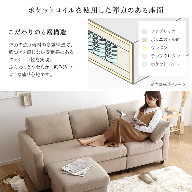 コーナーソファ 3人掛け クッション付 カウチ オットマン付 シェーズ