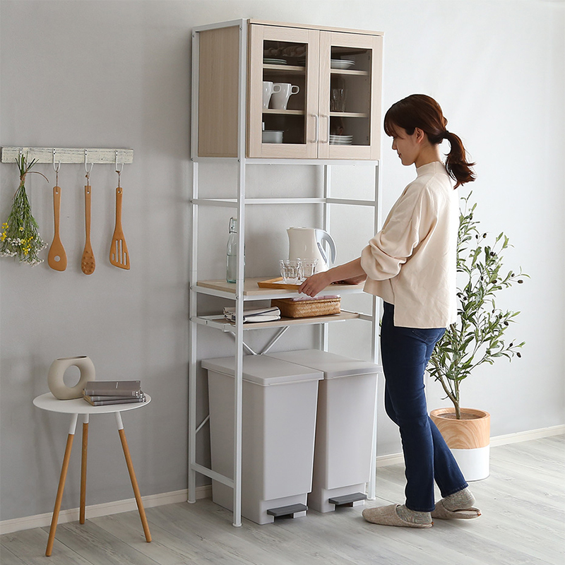 キッチンラック レンジ台 食器棚 幅 64cm ゴミ箱上ラック ナチュラル ホワイトフレーム 家電ラック レンジ台  北欧調 FREEの画像