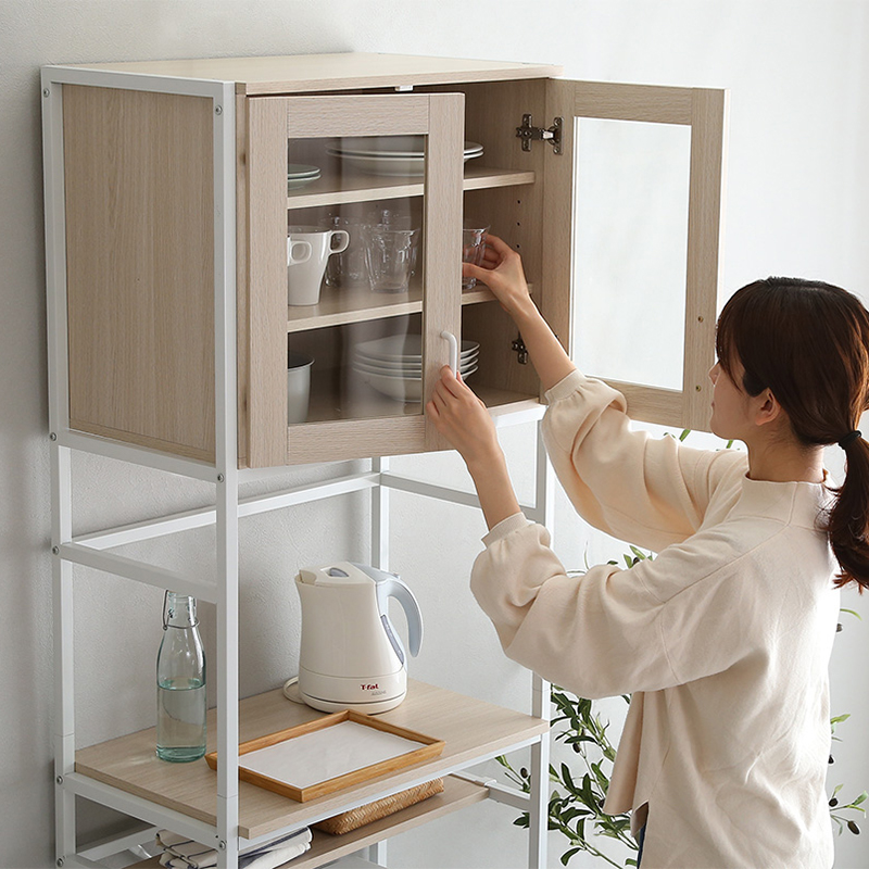 キッチンラック レンジ台 食器棚 幅 64cm ゴミ箱上ラック ナチュラル ホワイトフレーム 家電ラック レンジ台  北欧調 FREEの画像