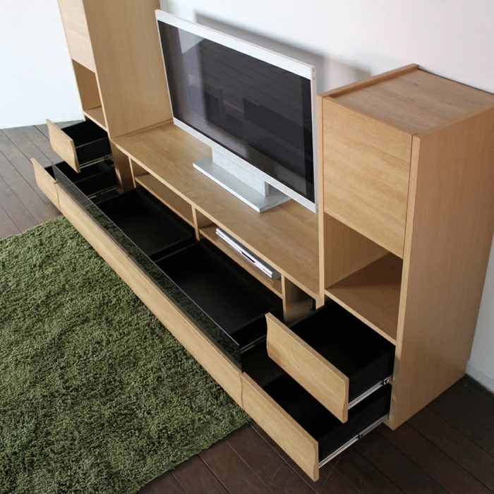 テレビ台 180cm と キャビネット3台セット 総幅260cm ナチュラル オーク柄 ブラックガラス 波型デザイン 国産 日本製 北欧モダン OC |  | 02