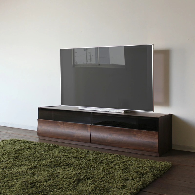 テレビ台 150cm テレビボード ローボード ブラウン ウォールナット柄 ブラックガラス 波型デザイン 国産 日本製 硬質紙 北欧モダン OC | 