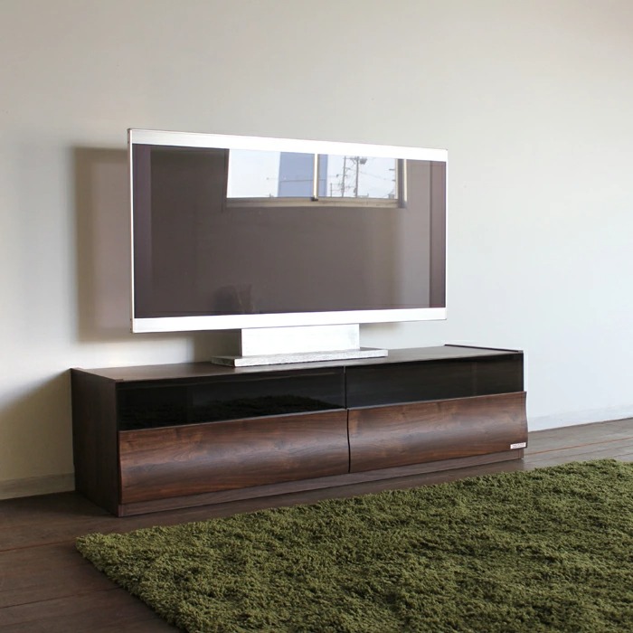 テレビ台 150cm テレビボード ローボード ブラウン ウォールナット柄 ブラックガラス 波型デザイン 国産 日本製 硬質紙 北欧モダン OC |  | 01