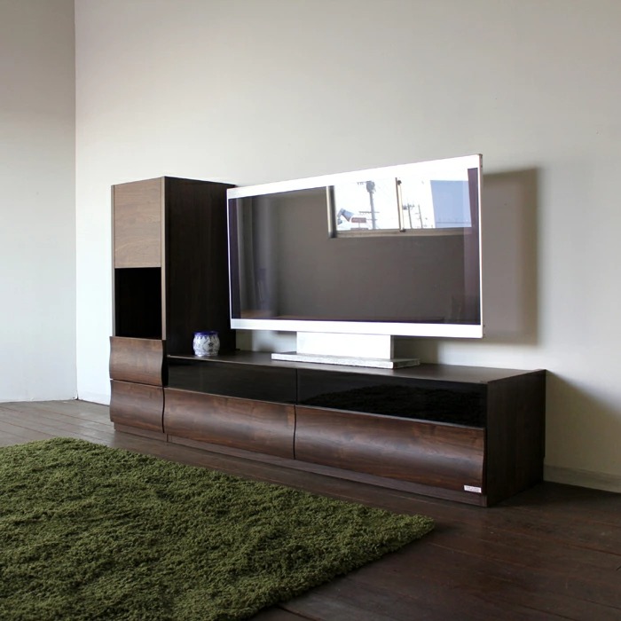 テレビ台 150cm テレビボード ローボード ブラウン ウォールナット柄 ブラックガラス 波型デザイン 国産 日本製 硬質紙 北欧モダン OC |  | 09