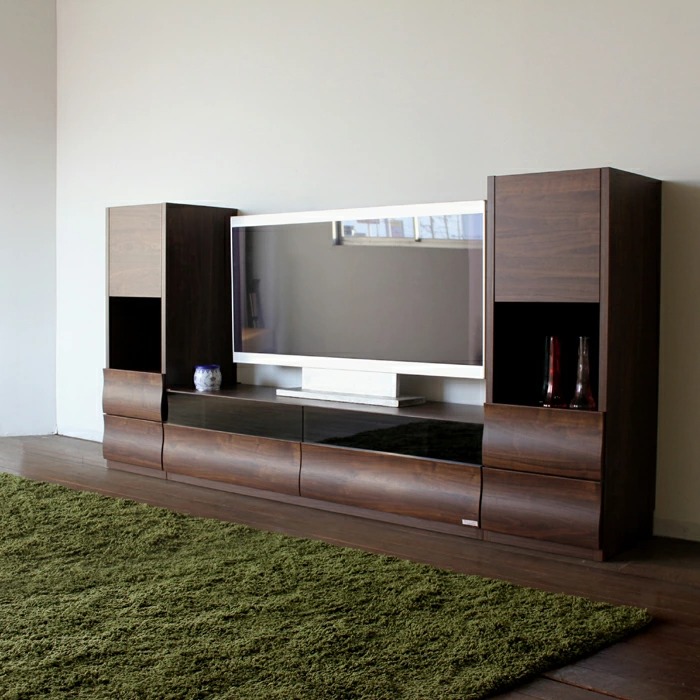 テレビ台 150cm と キャビネット3台セット 総幅230cm ブラウン ウォールナット柄 ブラックガラス 波型 国産 日本製 北欧モダン OC
