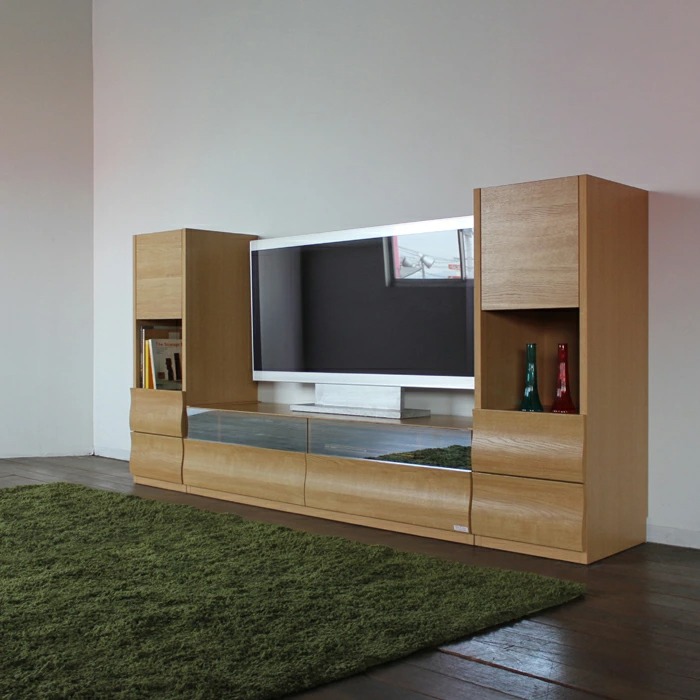 テレビ台 150cm と キャビネット3台セット 総幅230cm ナチュラル オーク柄 ブラックガラス 波型デザイン 国産 日本製 北欧モダン OC