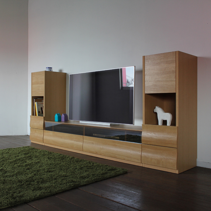 テレビ台 180cm と キャビネット3台セット 総幅260cm ナチュラル オーク柄 ブラックガラス 波型デザイン 国産 日本製 北欧モダン OC | 