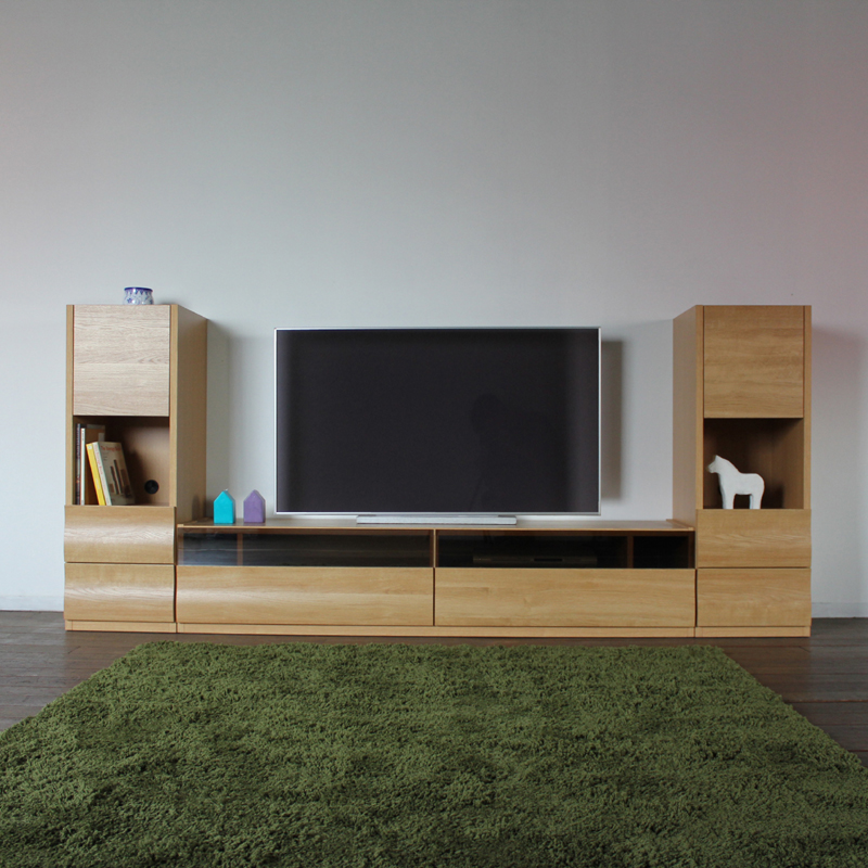 テレビ台 180cm と キャビネット3台セット 総幅260cm ナチュラル オーク柄 ブラックガラス 波型デザイン 国産 日本製 北欧モダン OC |  | 01