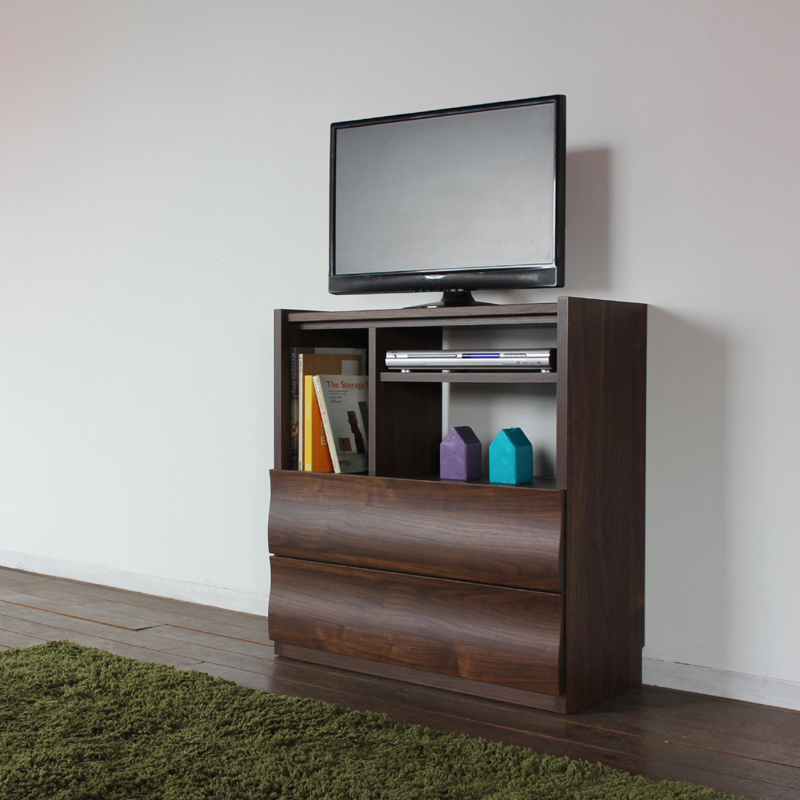 リビングチェスト  本棚 テレビ台 ハイタイプ 幅80cm ブラウン ウォールナット柄 波型デザイン 国産 日本製 硬質紙 北欧モダン OC |  | 01
